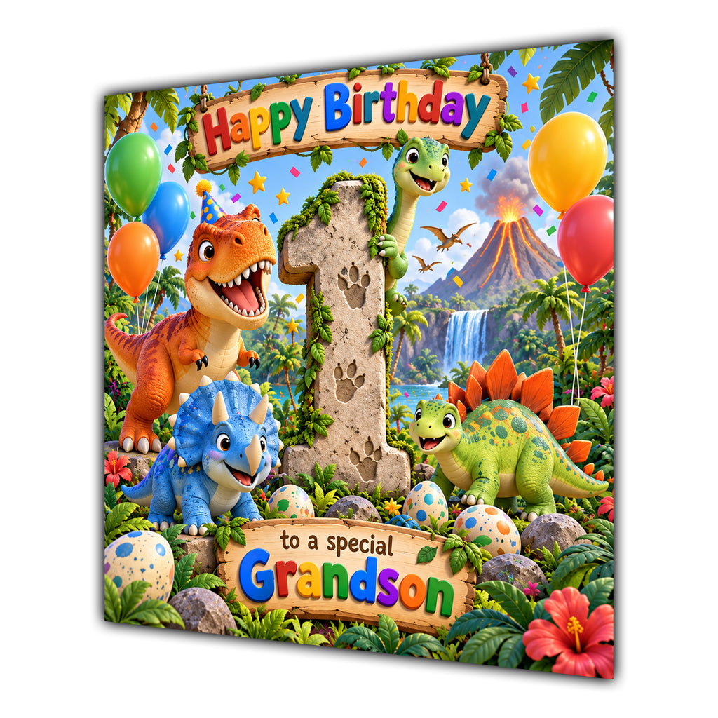 Grandson 1st Birthday Card Cute Dinosaurs Balloons