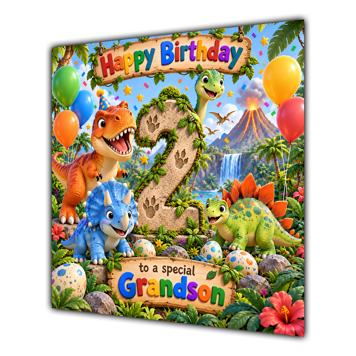 Grandson 2nd Birthday Card Cute Dinosaurs Balloons