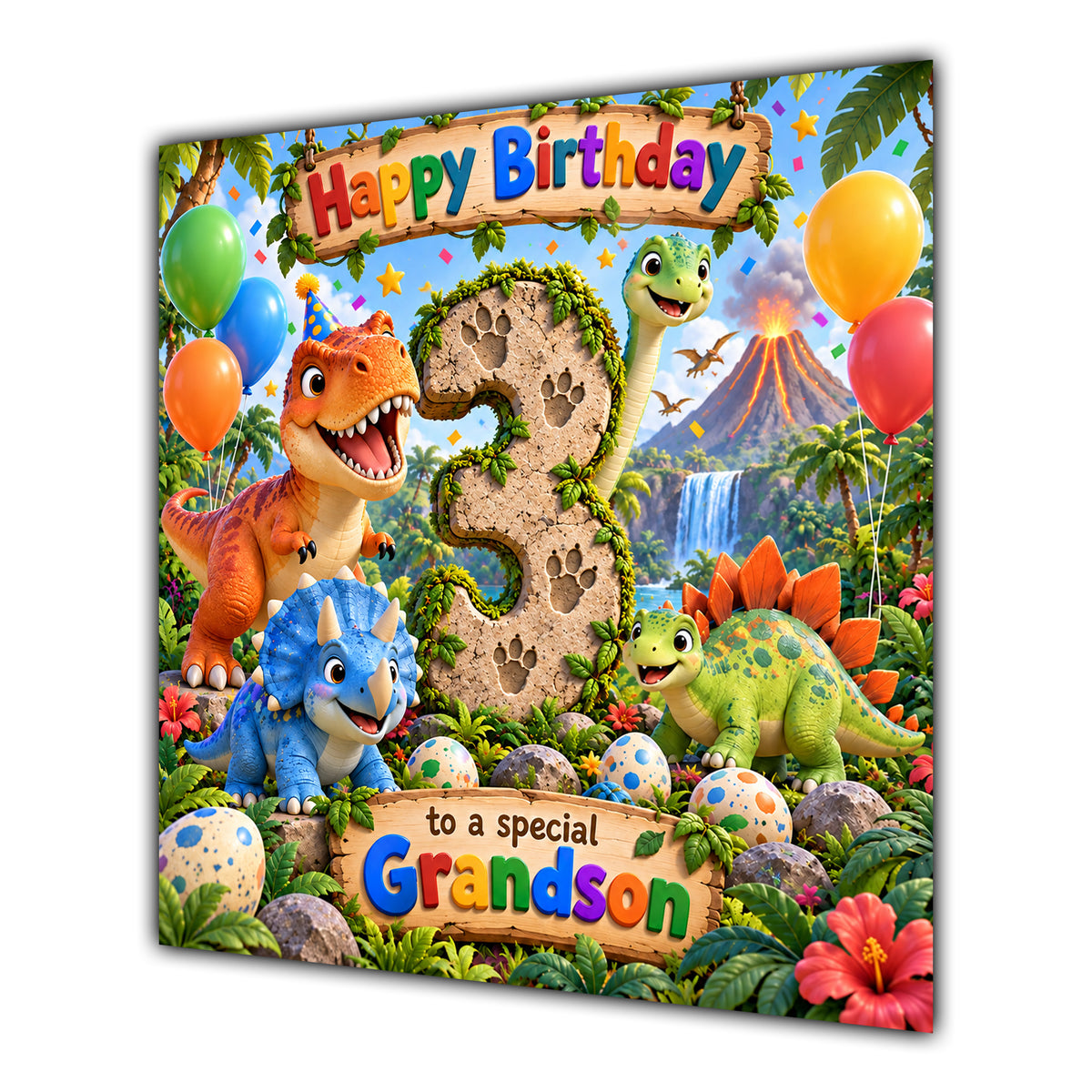 Grandson 3rd Birthday Card Cute Dinosaurs Balloons