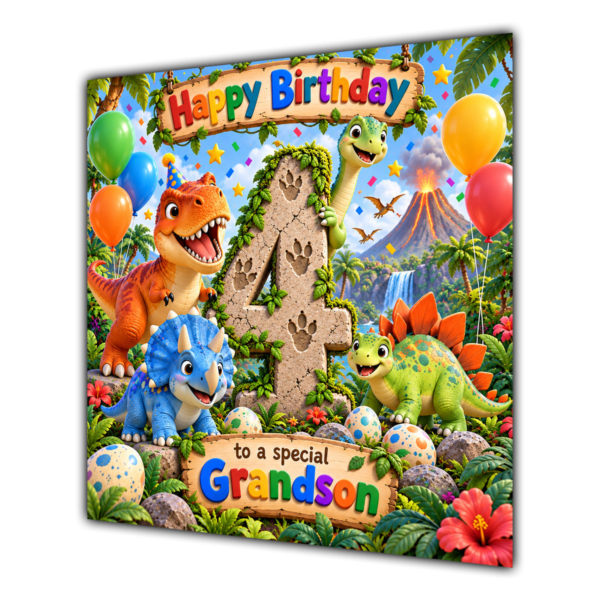 Grandson 4th Birthday Card Cute Dinosaurs Balloons