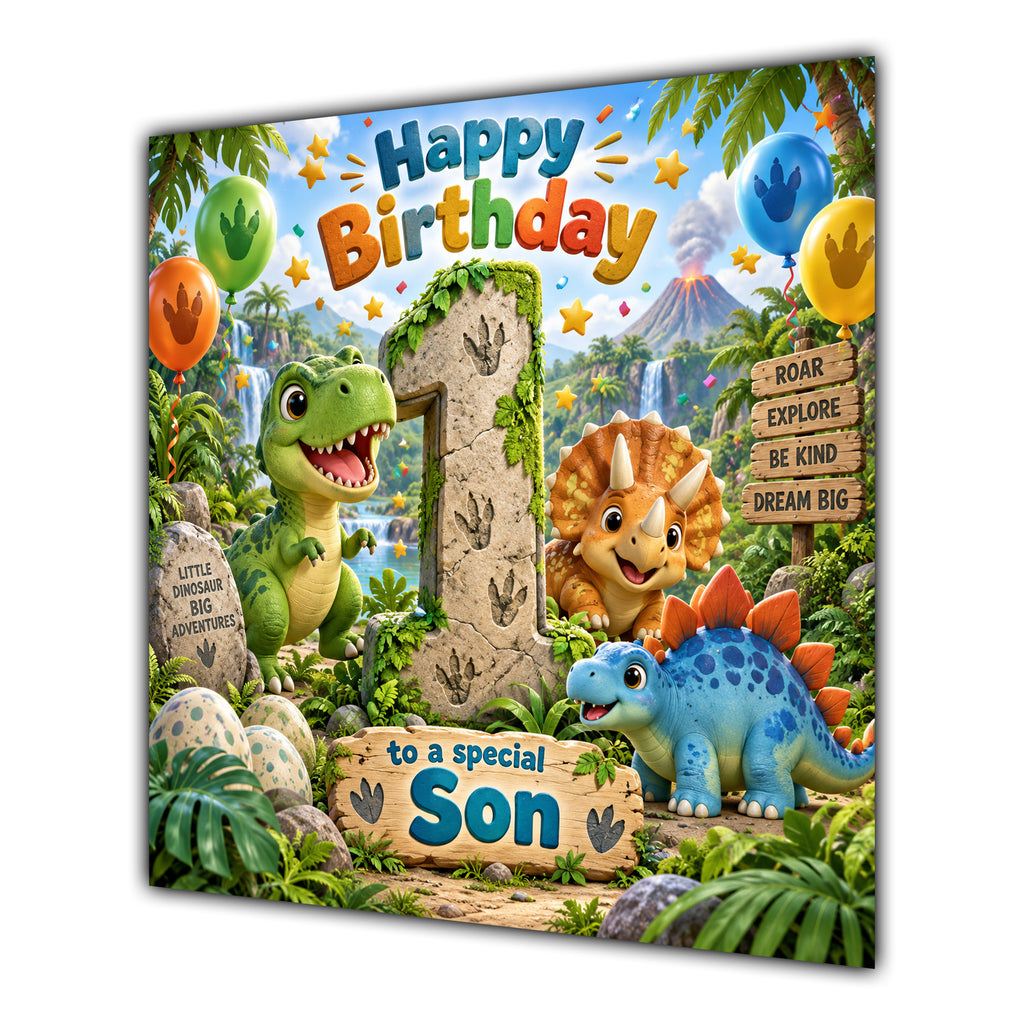 Son 1st Birthday Card Cute Dinosaurs Balloons