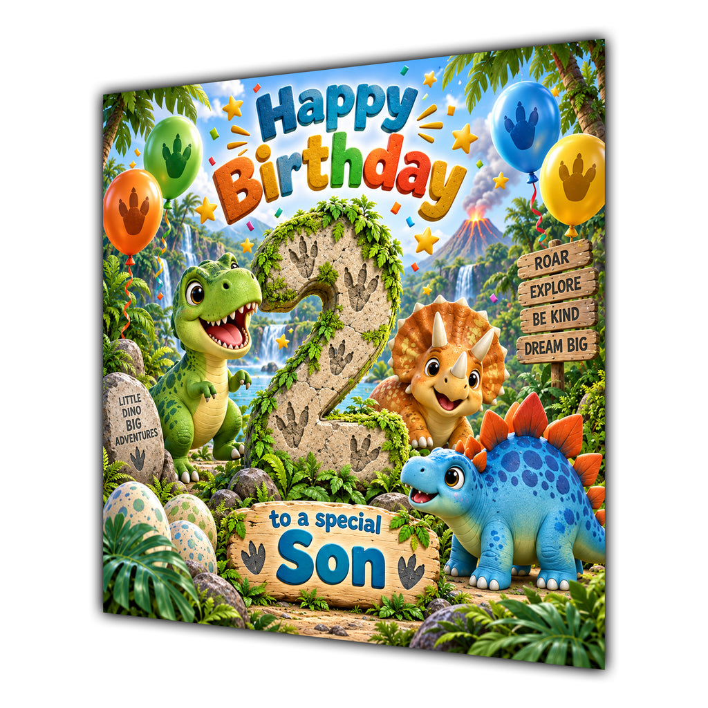 Son 2nd Birthday Card Cute Dinosaurs Balloons