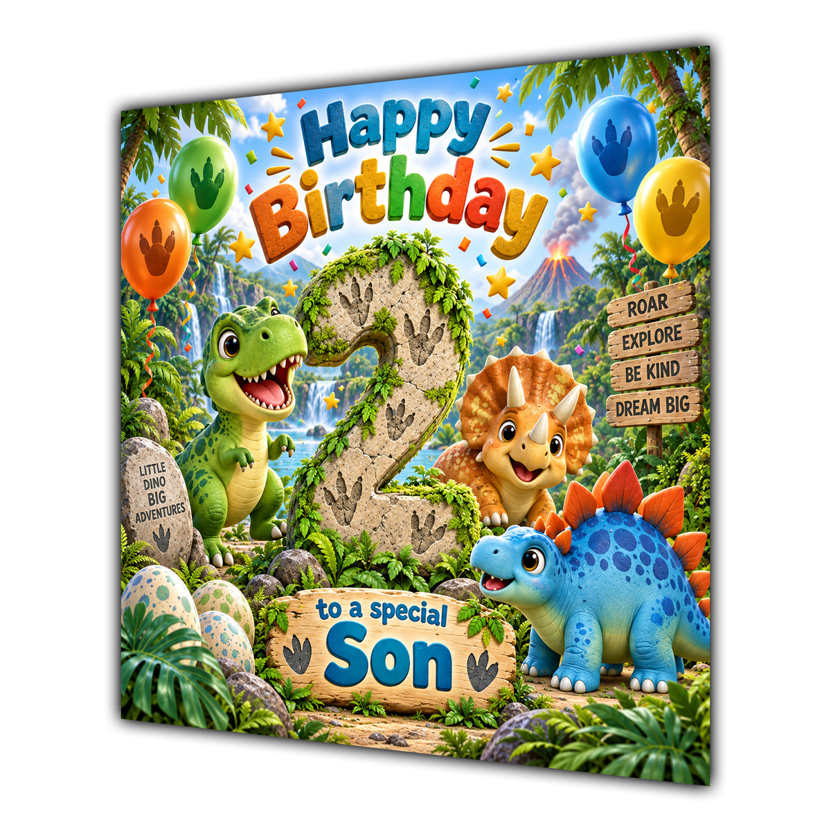Son 2nd Birthday Card Cute Dinosaurs Balloons