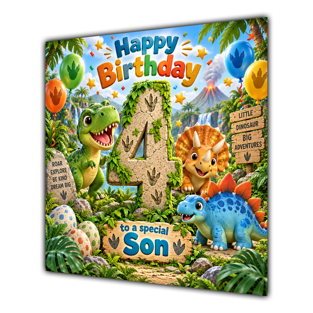 Son 4th Birthday Card Cute Dinosaurs Balloons