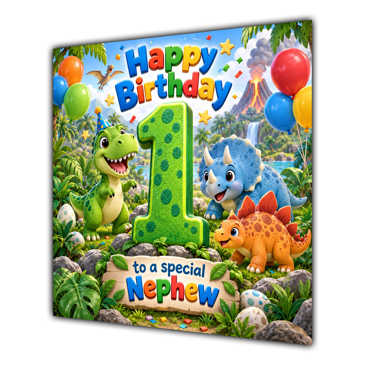 Nephew 1st Birthday Card Cute Dinosaurs Balloons