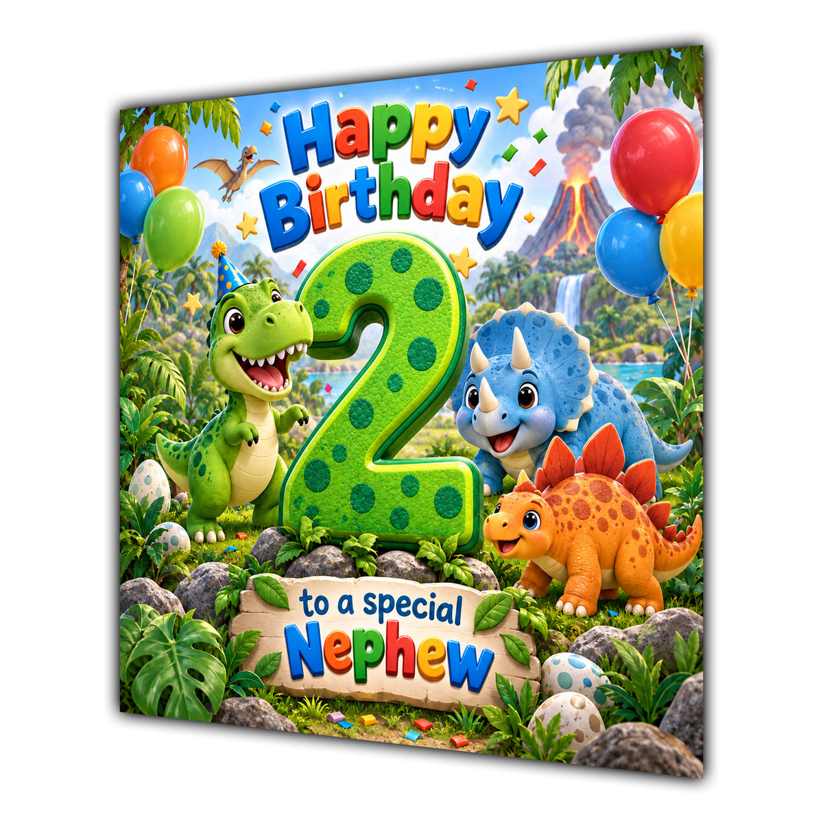 Nephew 2nd Birthday Card Cute Dinosaurs Balloons
