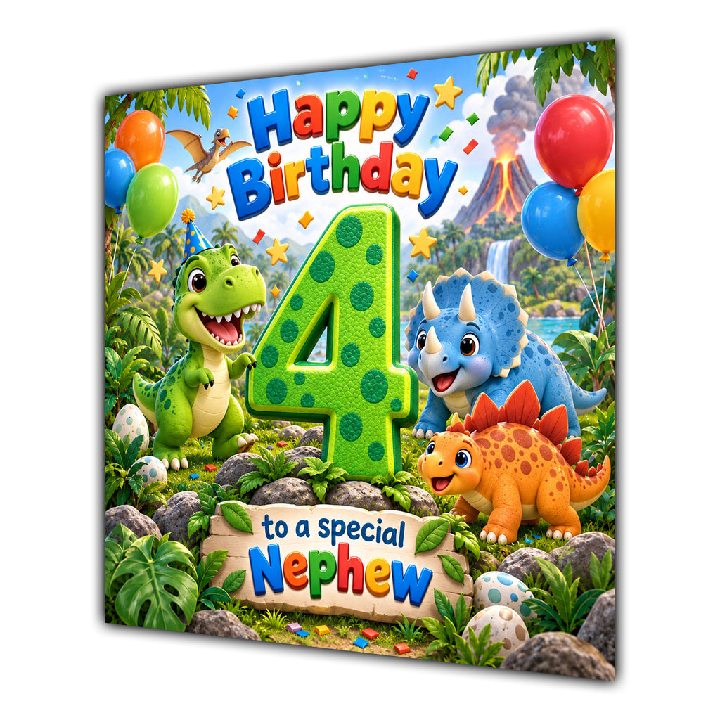 Nephew 4th Birthday Card Cute Dinosaurs Balloons
