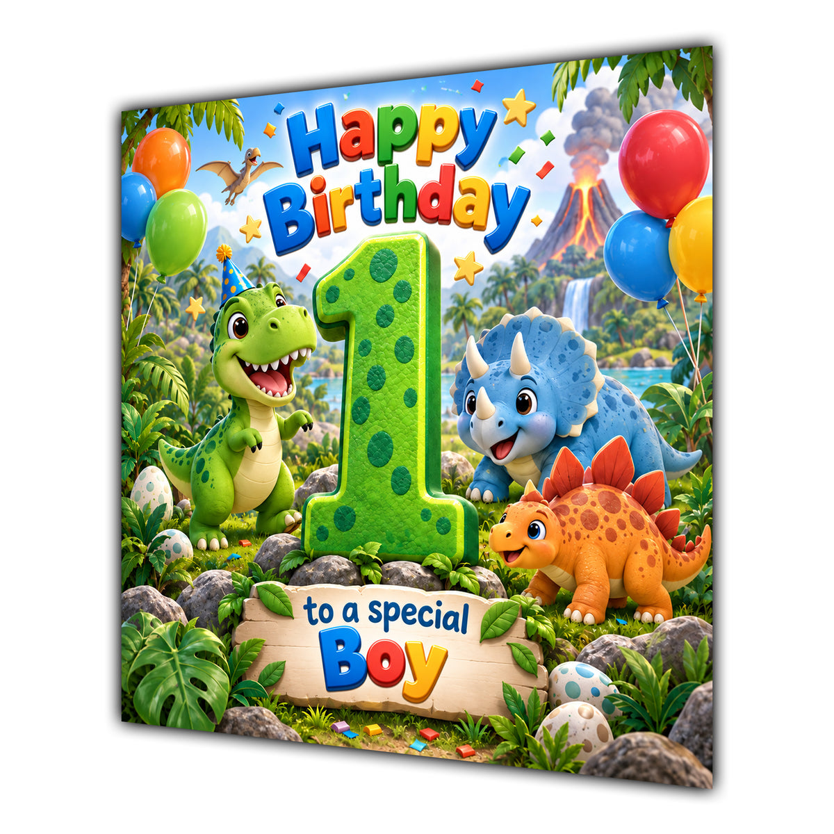 Boy 1st Birthday Card Cute Dinosaurs Balloons