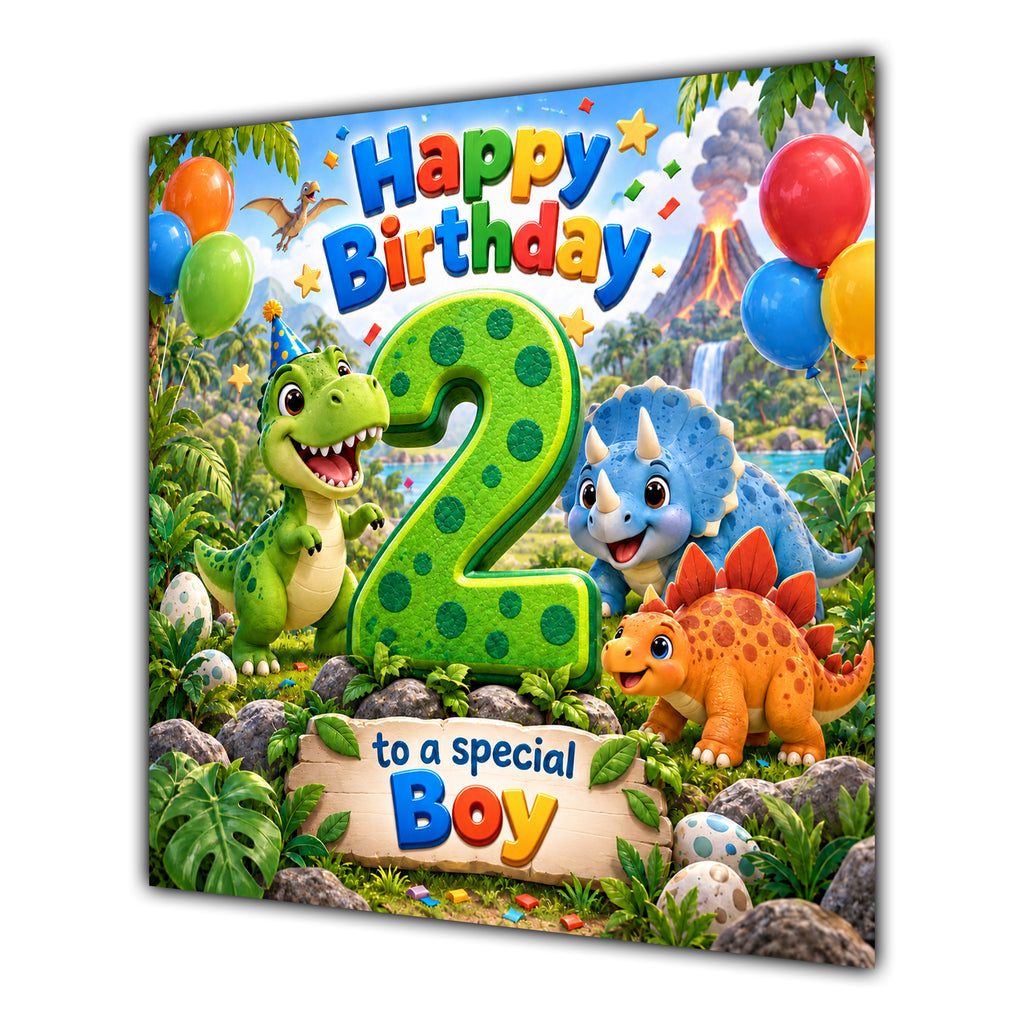 Boy 2nd Birthday Card Cute Dinosaurs Balloons