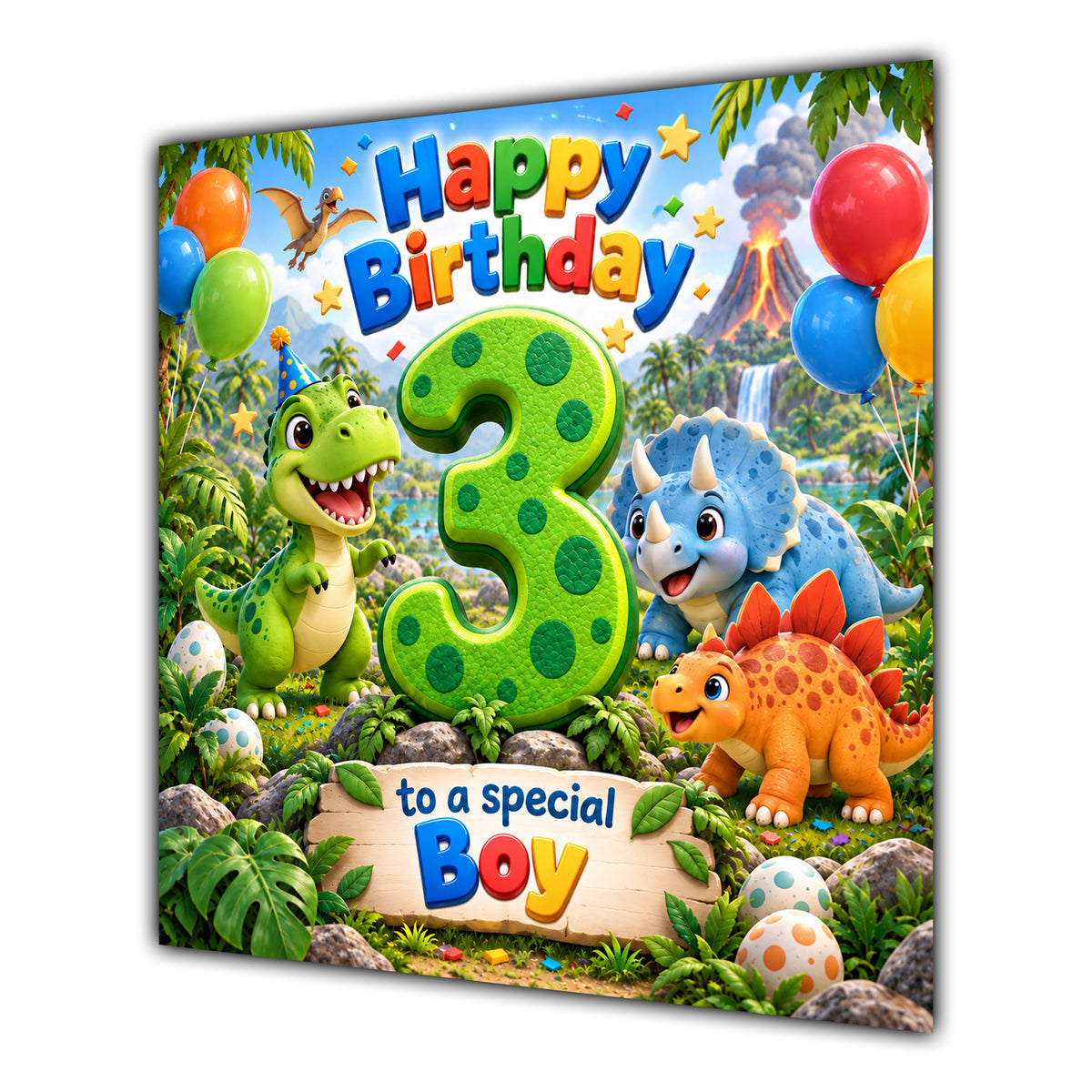 Boy 3rd Birthday Card Cute Dinosaurs Balloons