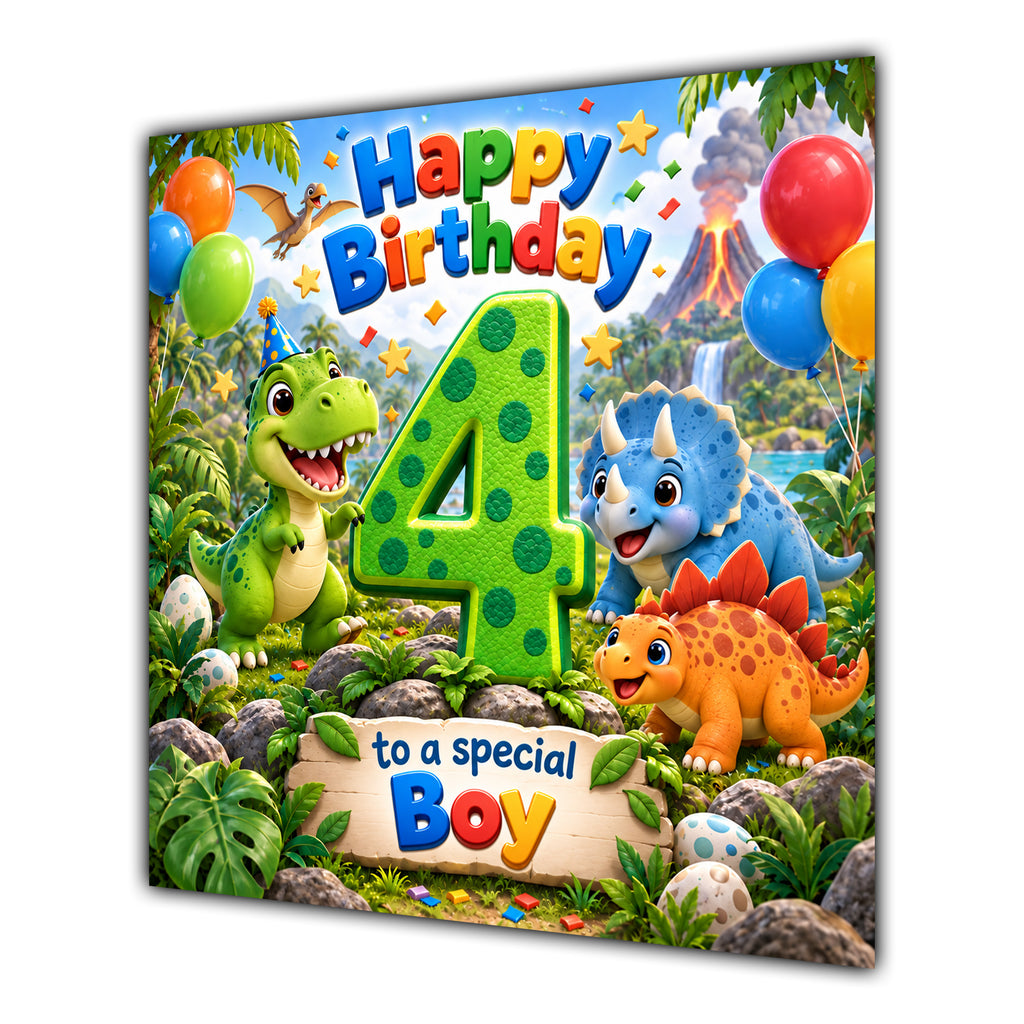 Boy 4th Birthday Card Cute Dinosaurs Balloons