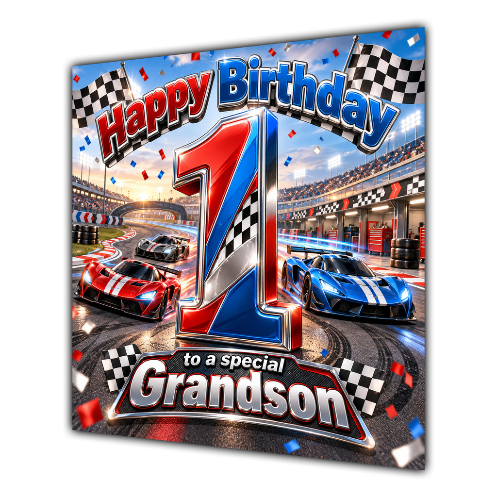 Grandson 1st Birthday Card Racing Cars