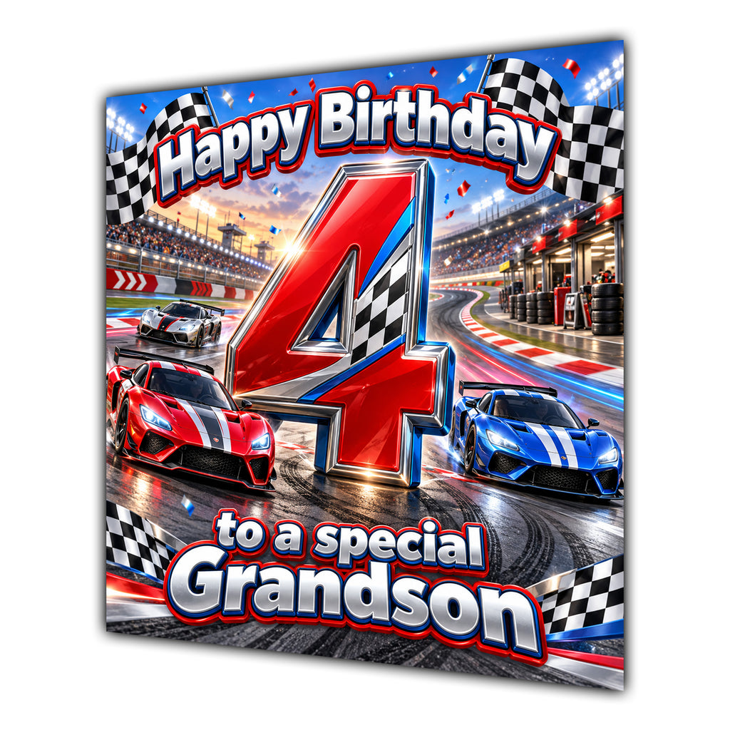 Grandson 4th Birthday Card Racing Cars