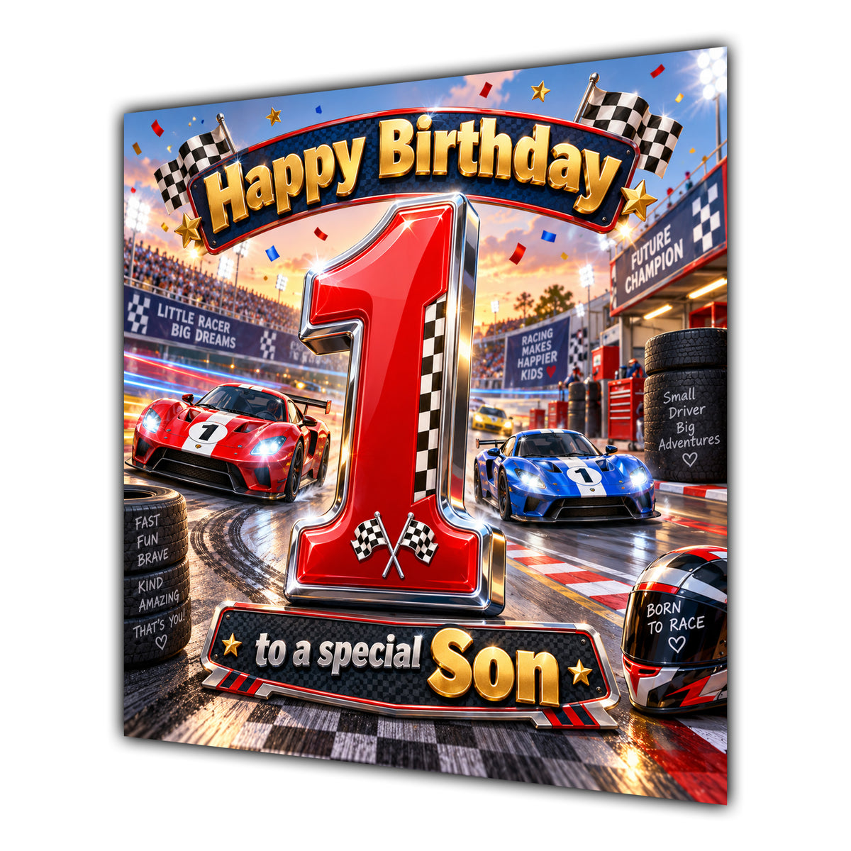 Son 1st Birthday Card Racing Cars