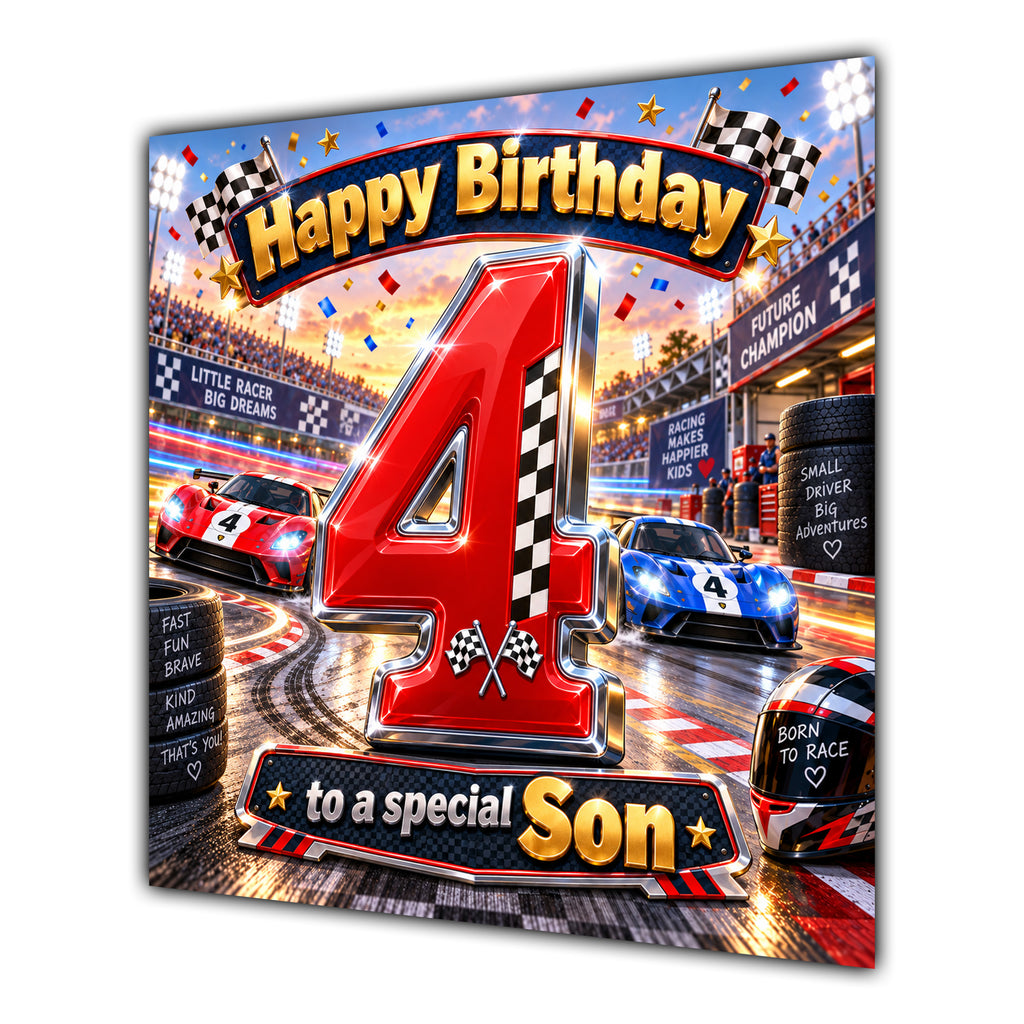 Son 4th Birthday Card Racing Cars
