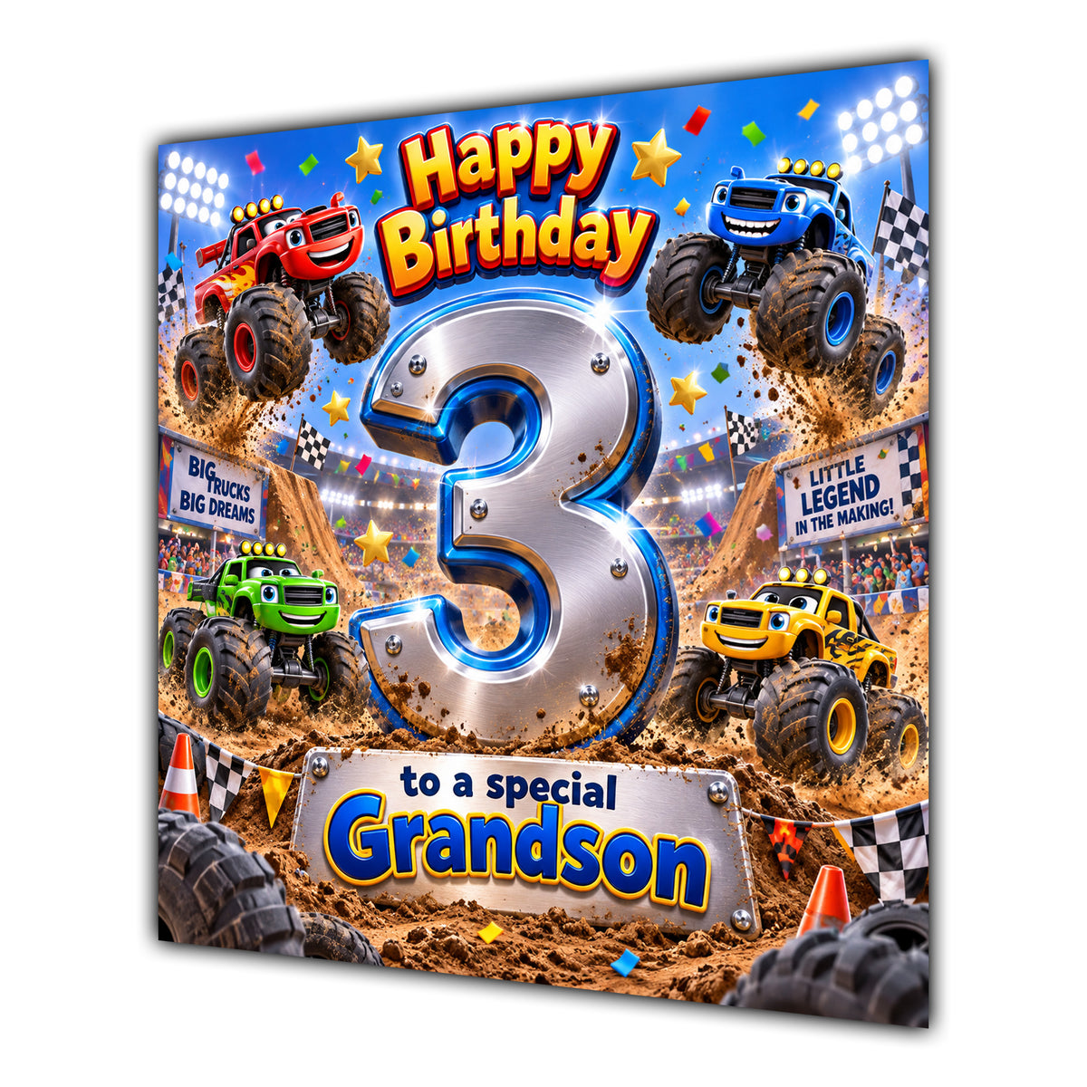 Grandson 3rd Birthday Card Monster Trucks