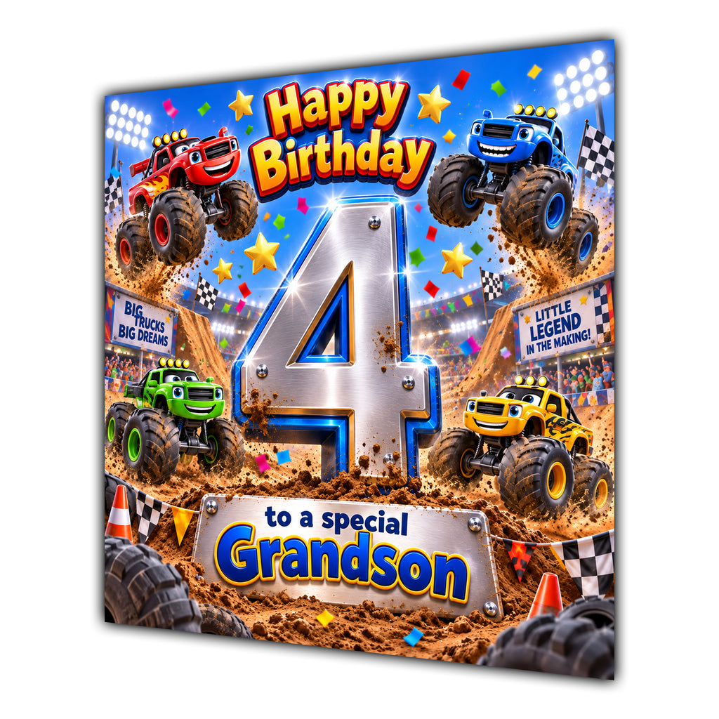 Grandson 4th Birthday Card Monster Trucks