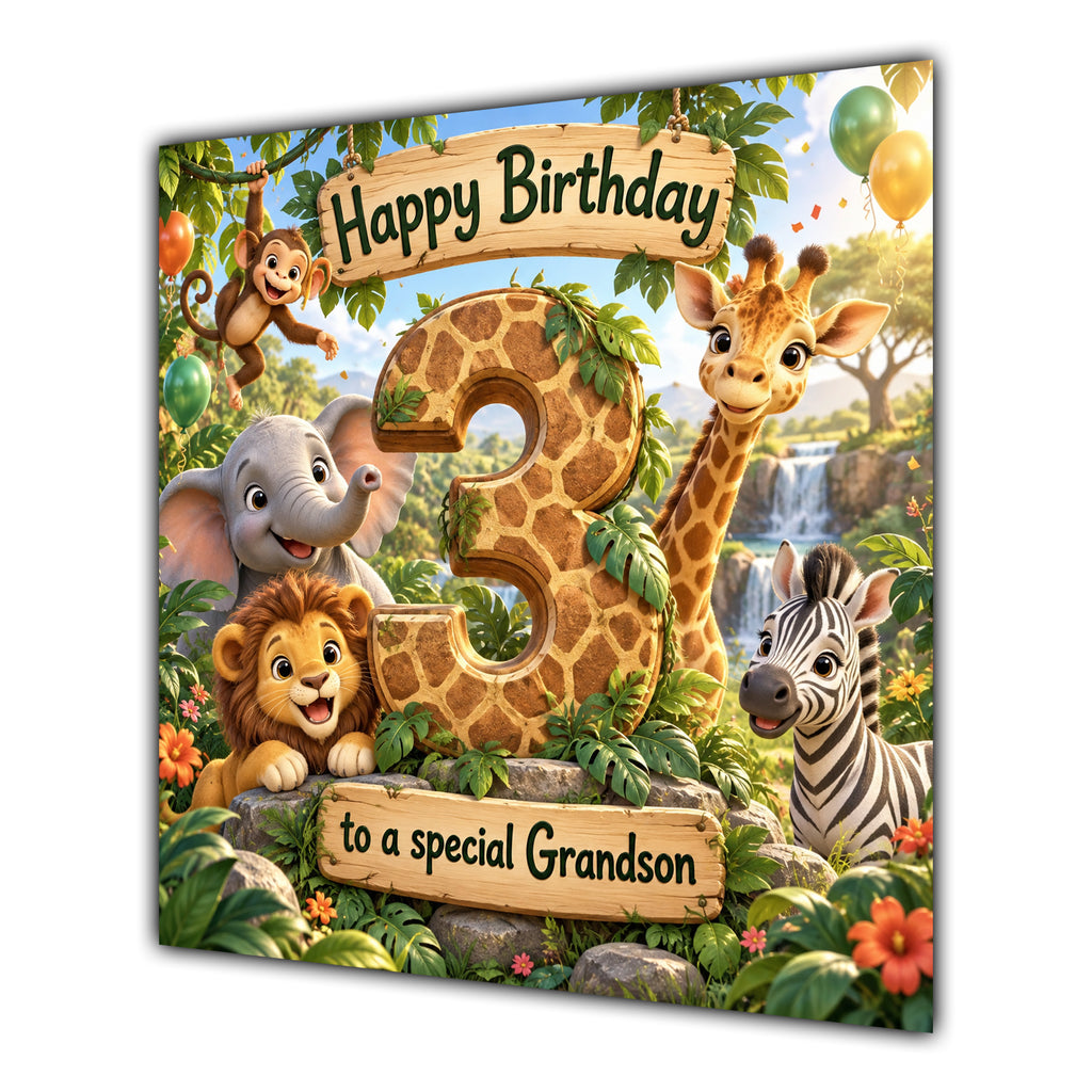 Grandson 3rd Birthday Card Jungle Safari Animals