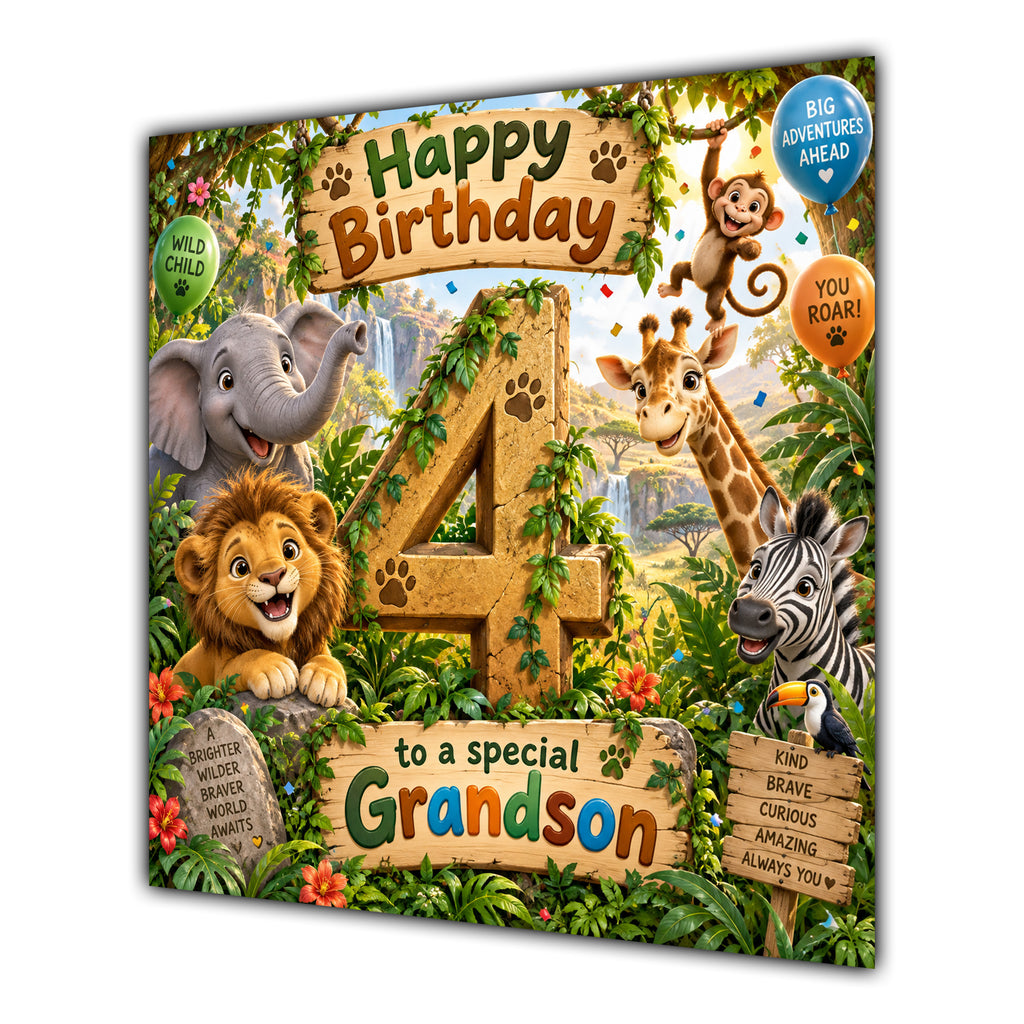 Grandson 4th Birthday Card Jungle Safari Animals