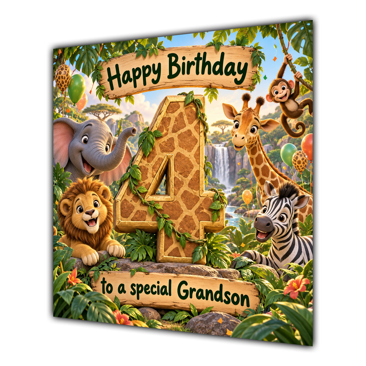 Grandson 4th Birthday Card Jungle Safari Animals