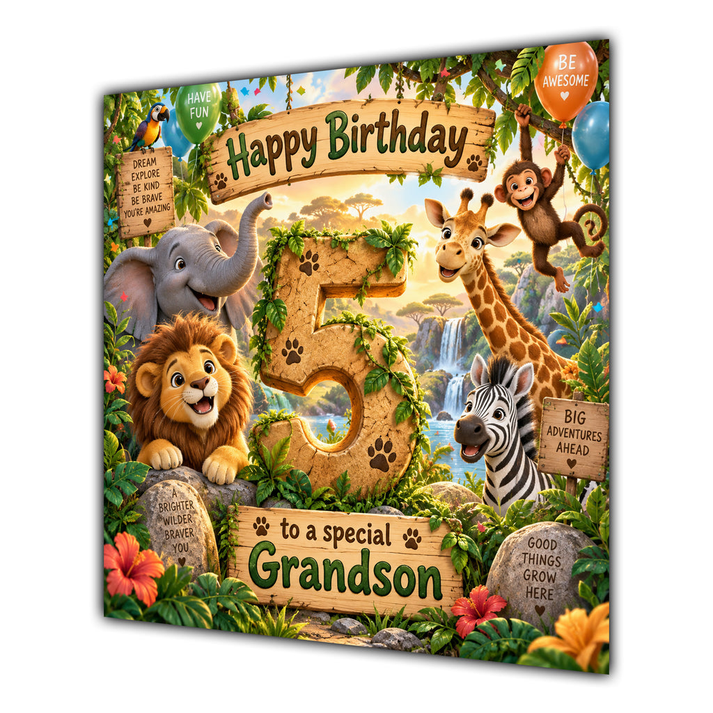 Grandson 5th Birthday Card Jungle Safari Animals