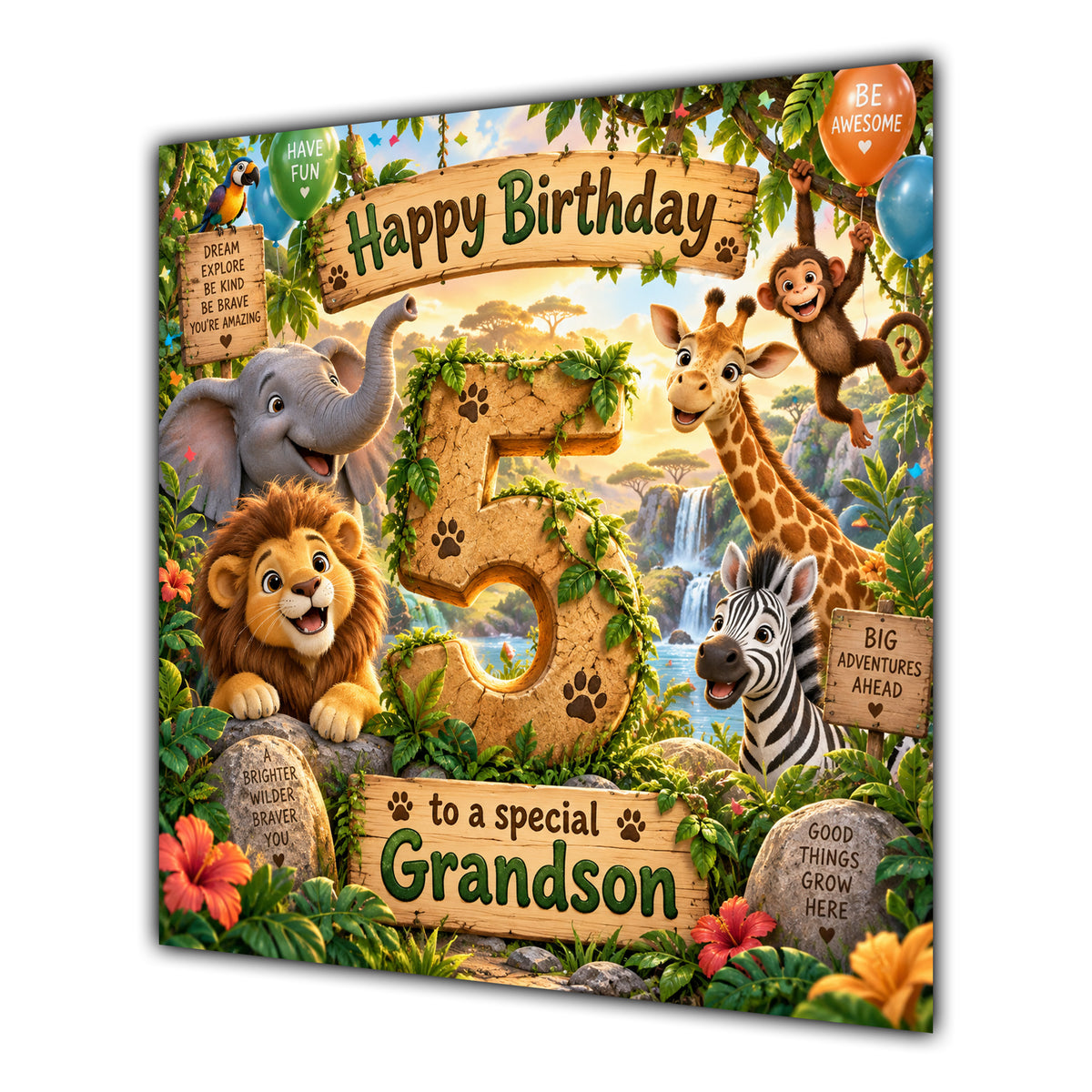 Grandson 5th Birthday Card Jungle Safari Animals