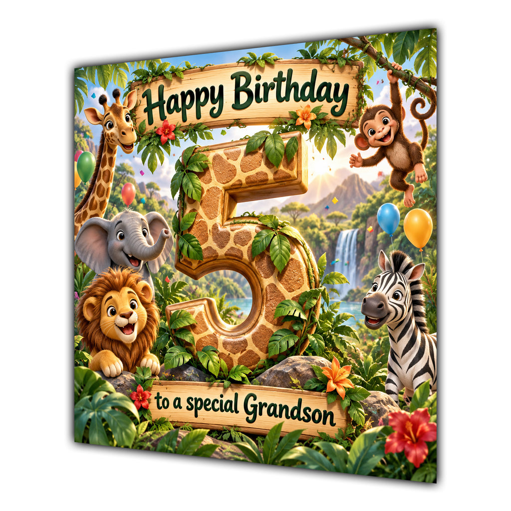 Grandson 5th Birthday Card Jungle Safari Animals