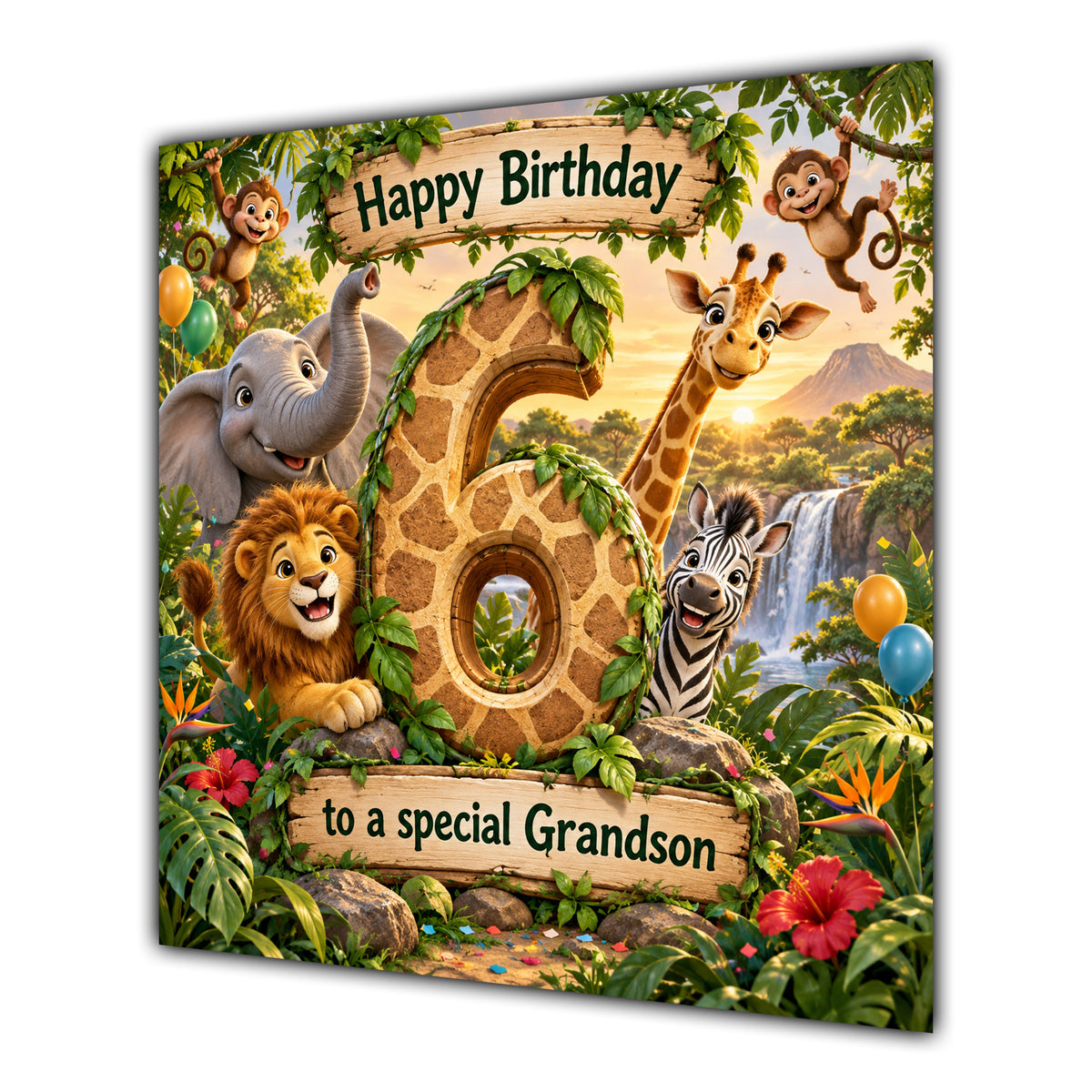 Grandson 6th Birthday Card Jungle Safari Animals