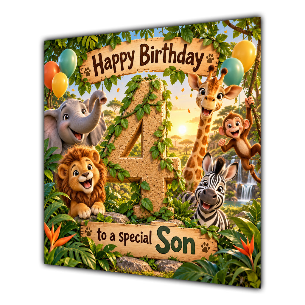 Son 4th Birthday Card Jungle Safari Animals