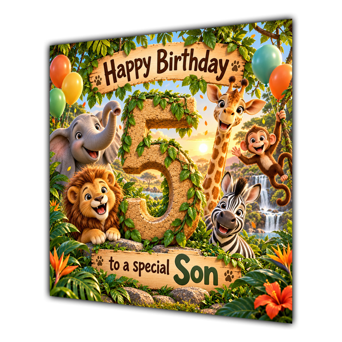 Son 5th Birthday Card Jungle Safari Animals