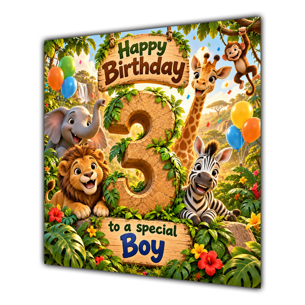 Boy 3rd Birthday Card Jungle Safari Animals