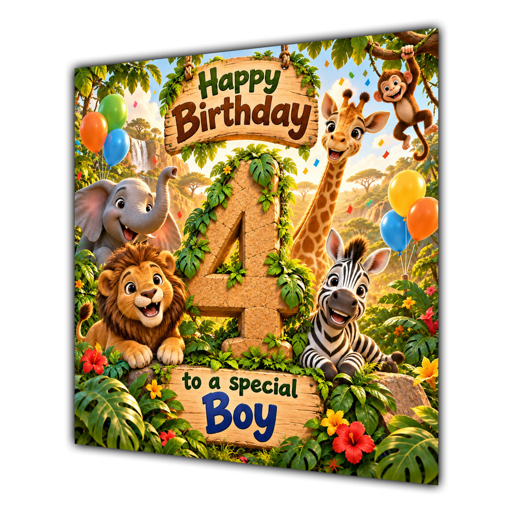 Boy 4th Birthday Card Jungle Safari Animals