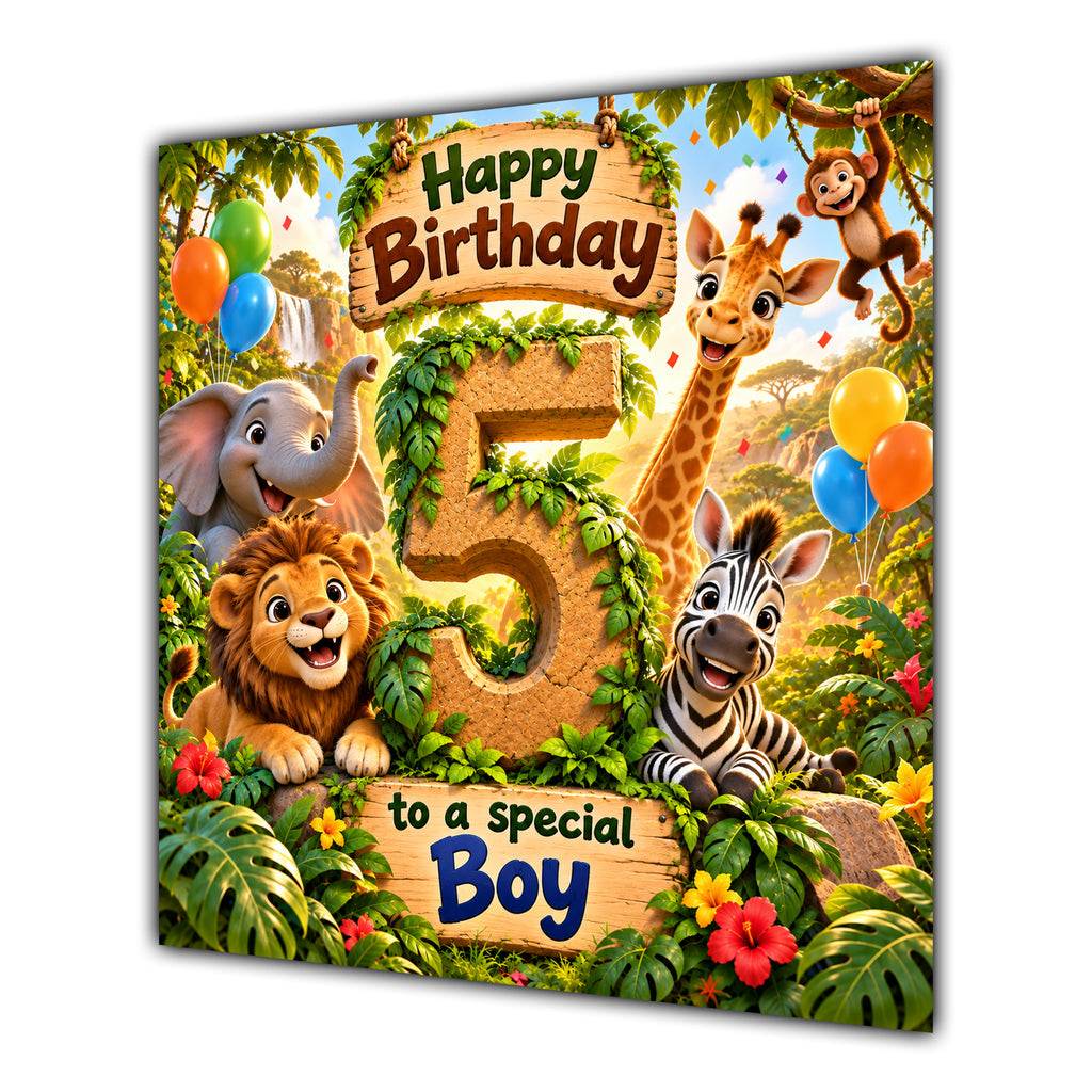Boy 5th Birthday Card Jungle Safari Animals