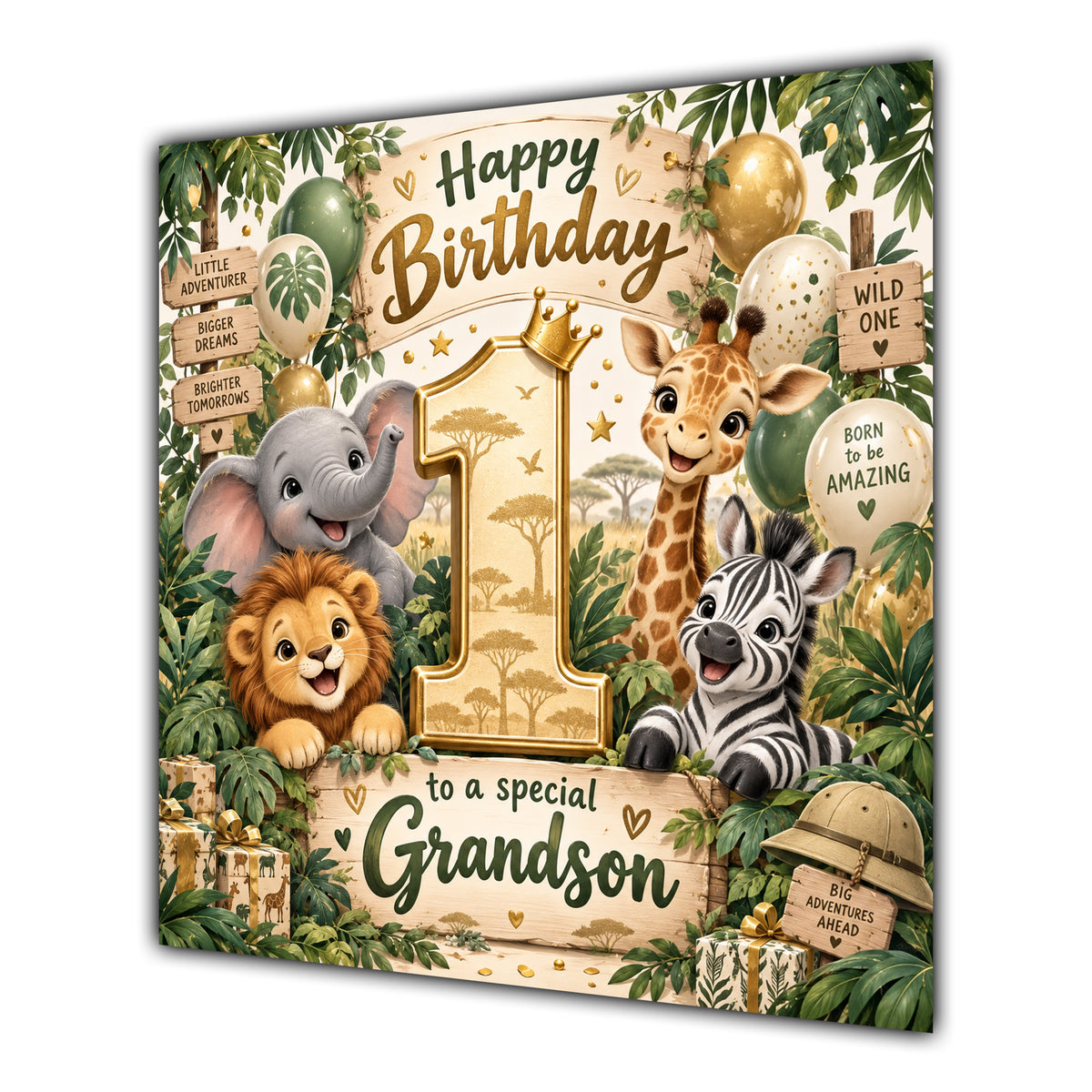 Grandson 1st Birthday Card Green Gold Safari Animals