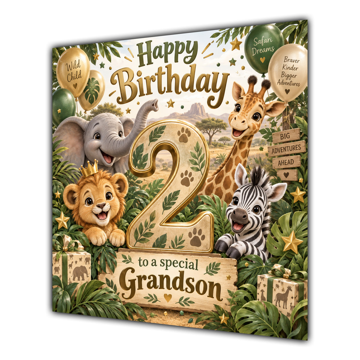 Grandson 2nd Birthday Card Green Gold Safari Animals