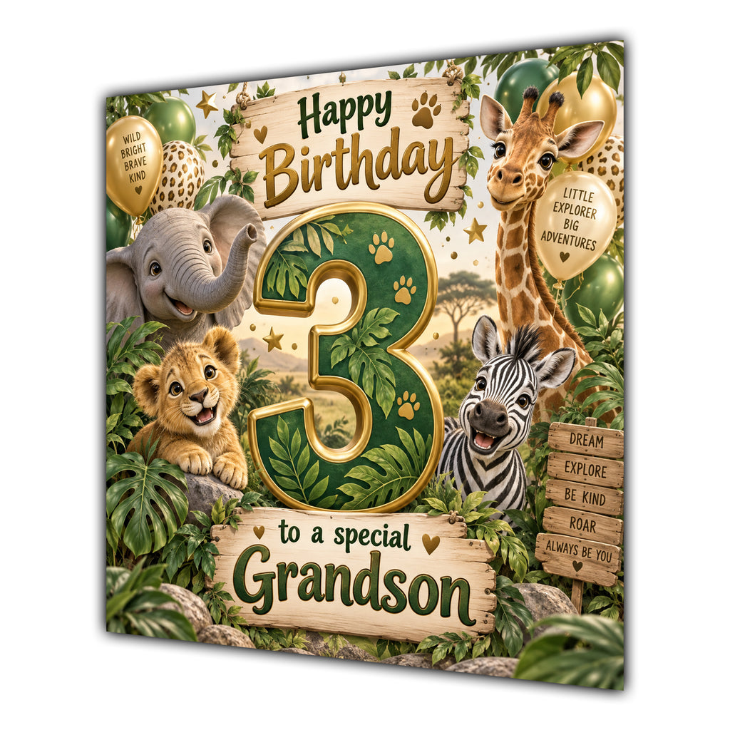 Grandson 3rd Birthday Card Green Gold Safari Animals