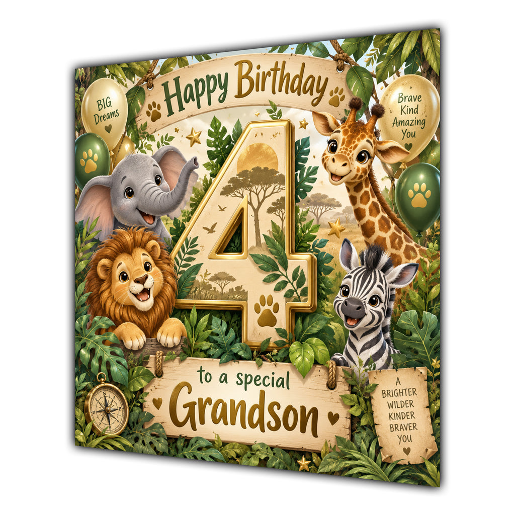 Grandson 4th Birthday Card Green Gold Safari Animals