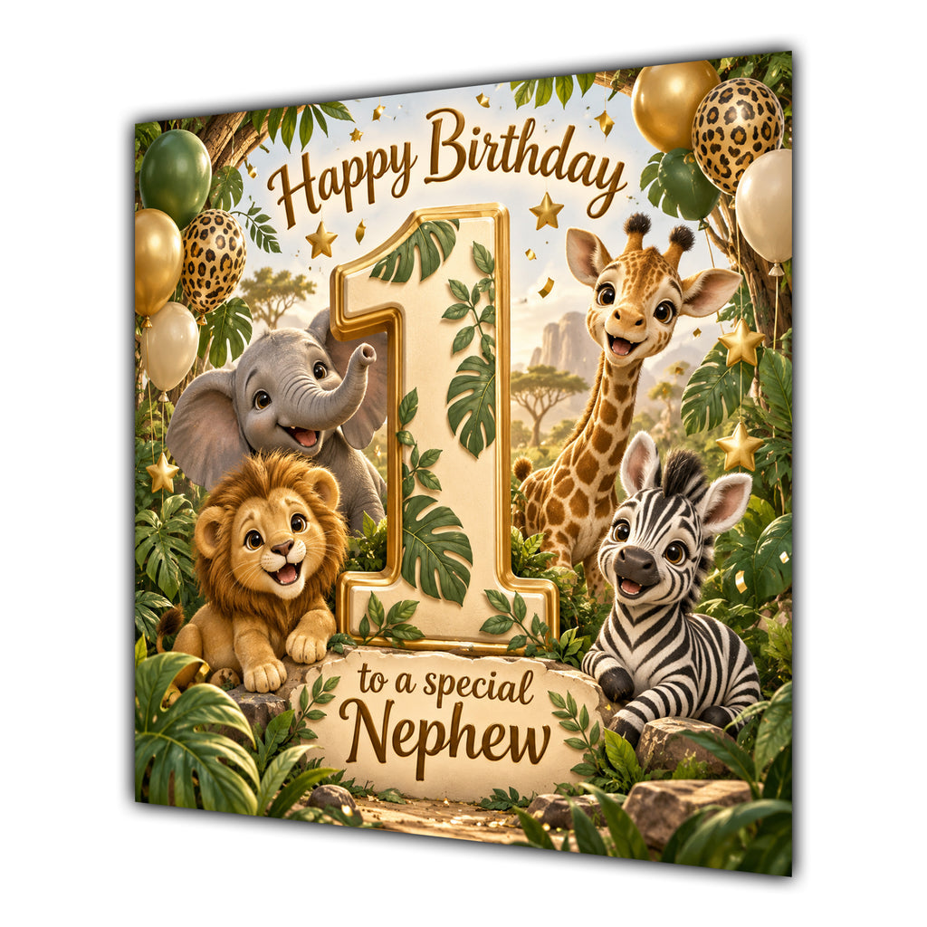 Nephew 1st Birthday Card Green Gold Safari Animals