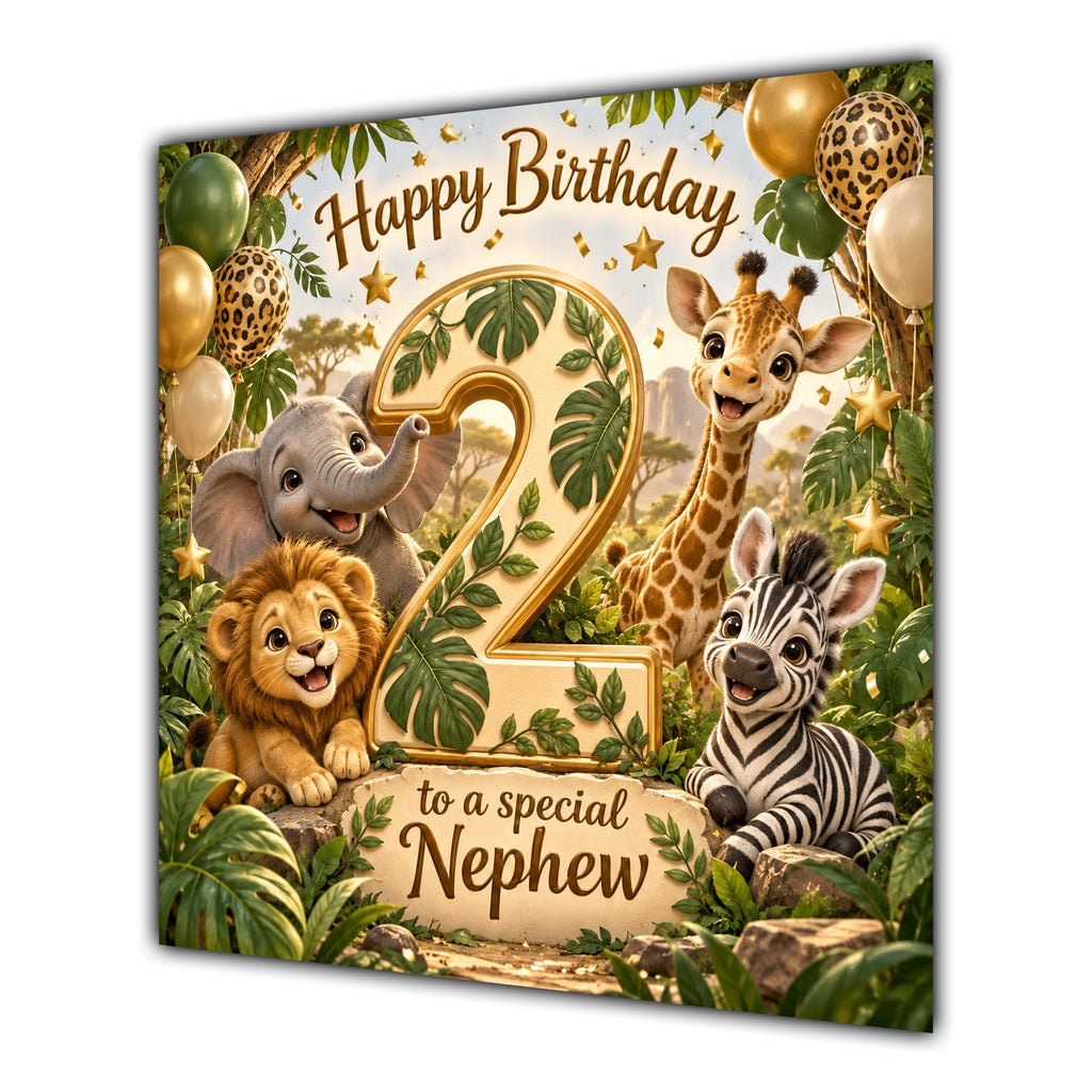 Nephew 2nd Birthday Card Green Gold Safari Animals