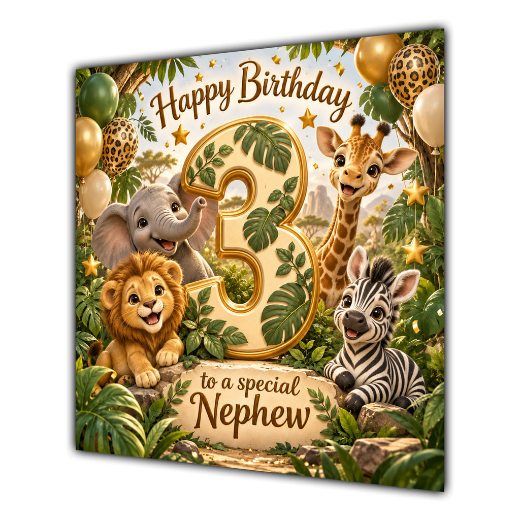 Nephew 3rd Birthday Card Green Gold Safari Animals