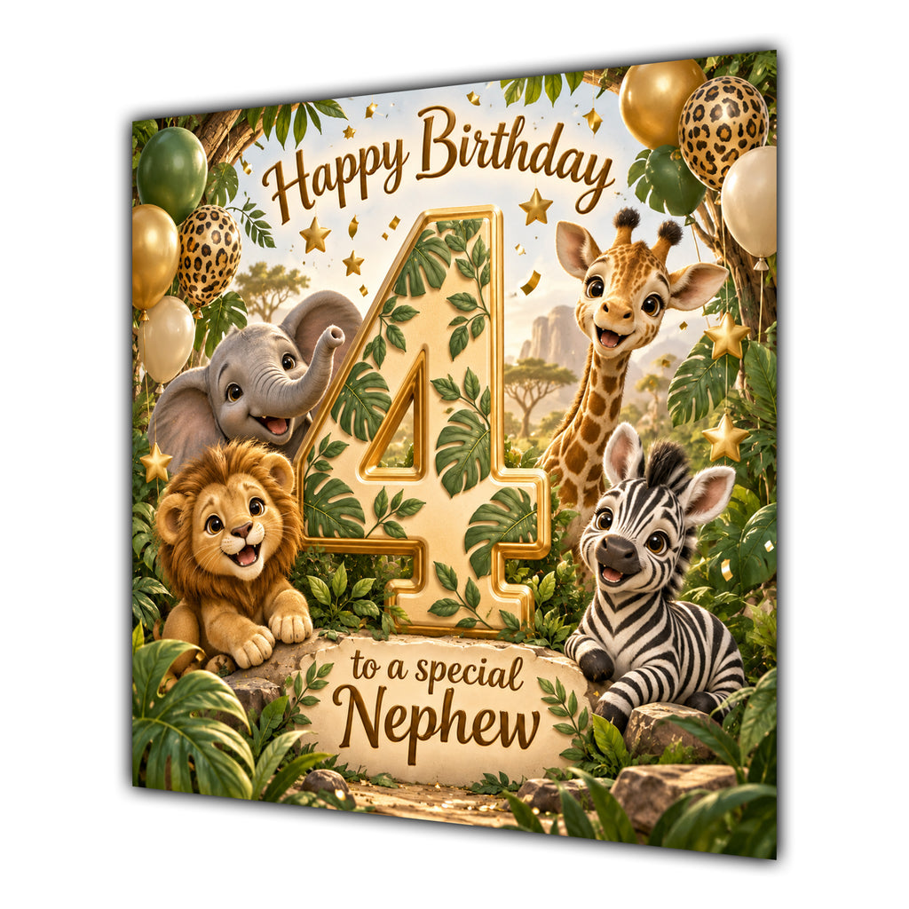 Nephew 4th Birthday Card Green Gold Safari Animals