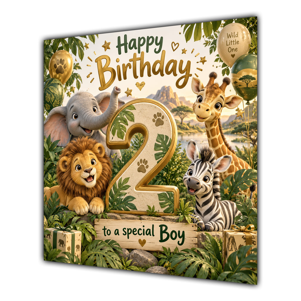 Boy 2nd Birthday Card Green Gold Safari Animals