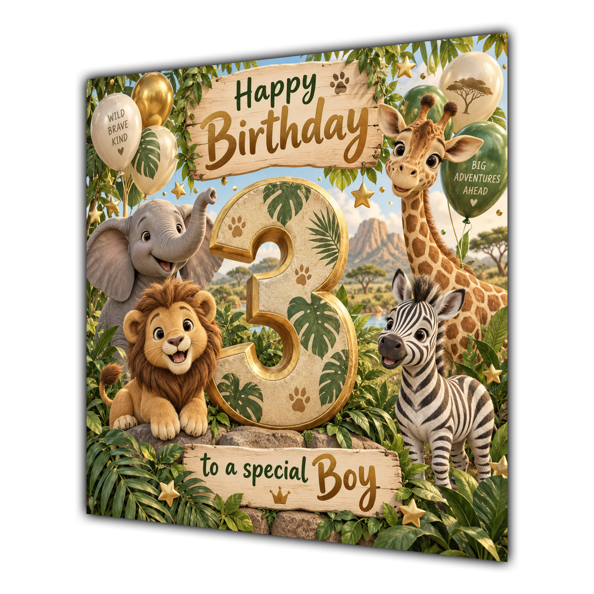 Boy 3rd Birthday Card Green Gold Safari Animals