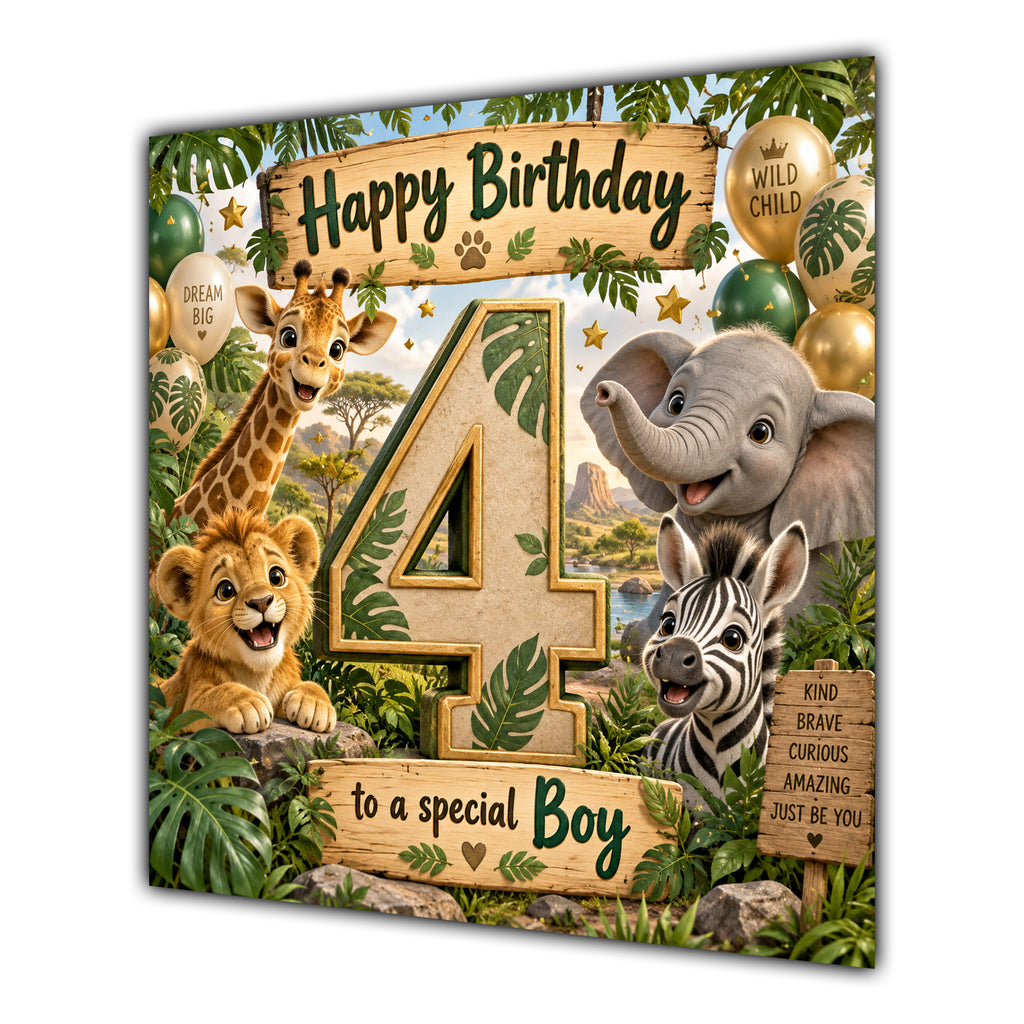 Boy 4th Birthday Card Green Gold Safari Animals