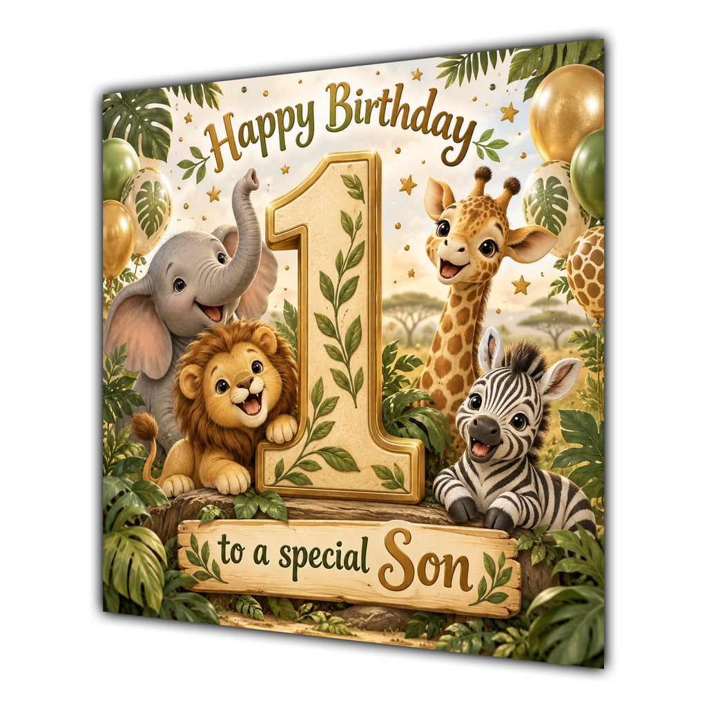 Son 1st Birthday Card Green Gold Safari Animals