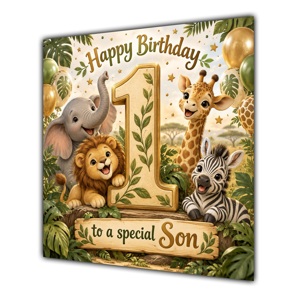 Son 1st Birthday Card Green Gold Safari Animals