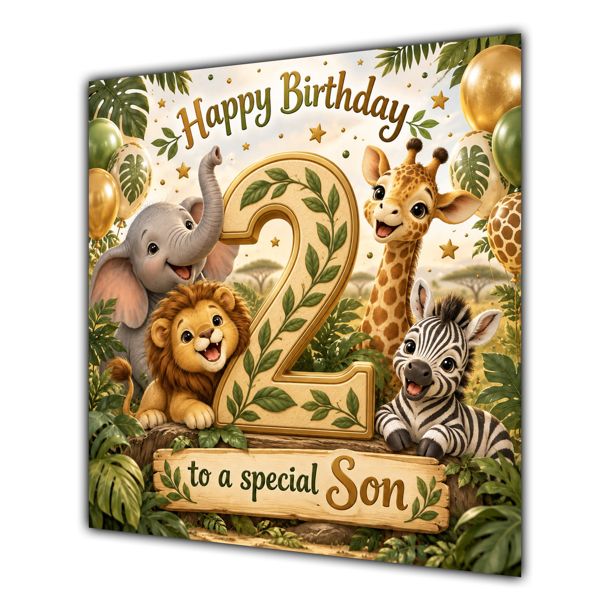 Son 2nd Birthday Card Green Gold Safari Animals