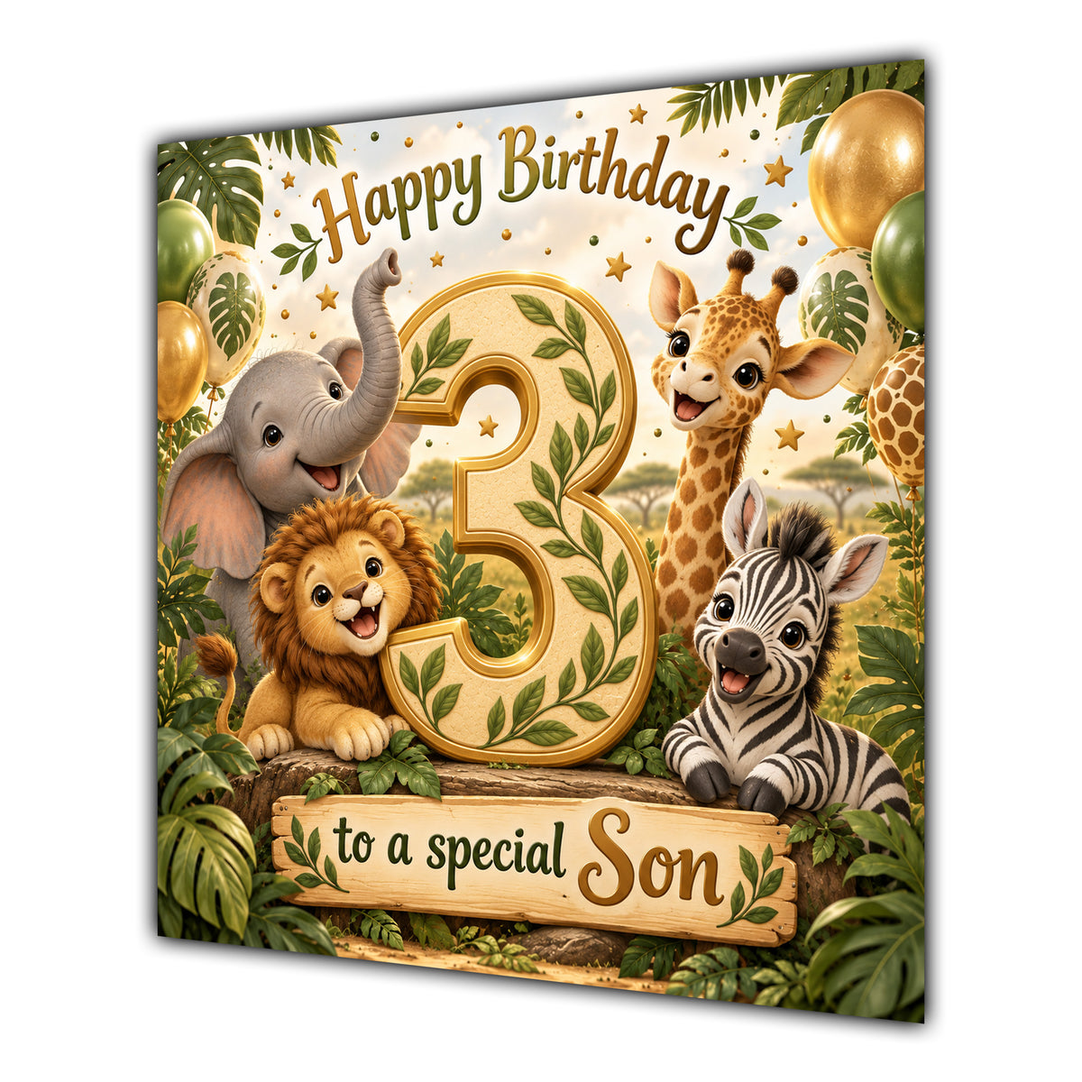 Son 3rd Birthday Card Green Gold Safari Animals