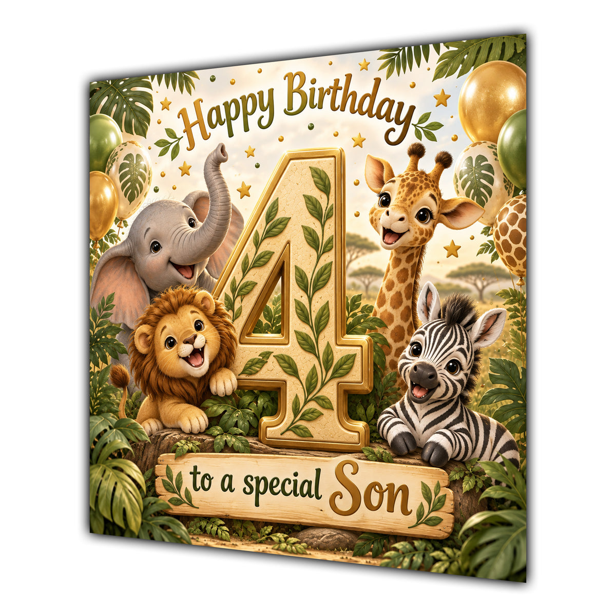 Son 4th Birthday Card Green Gold Safari Animals