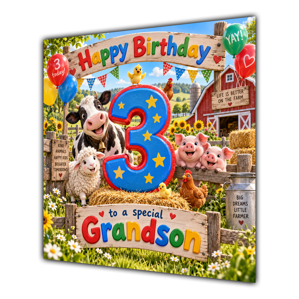 Grandson 3rd Birthday Card Farm Animals Barn